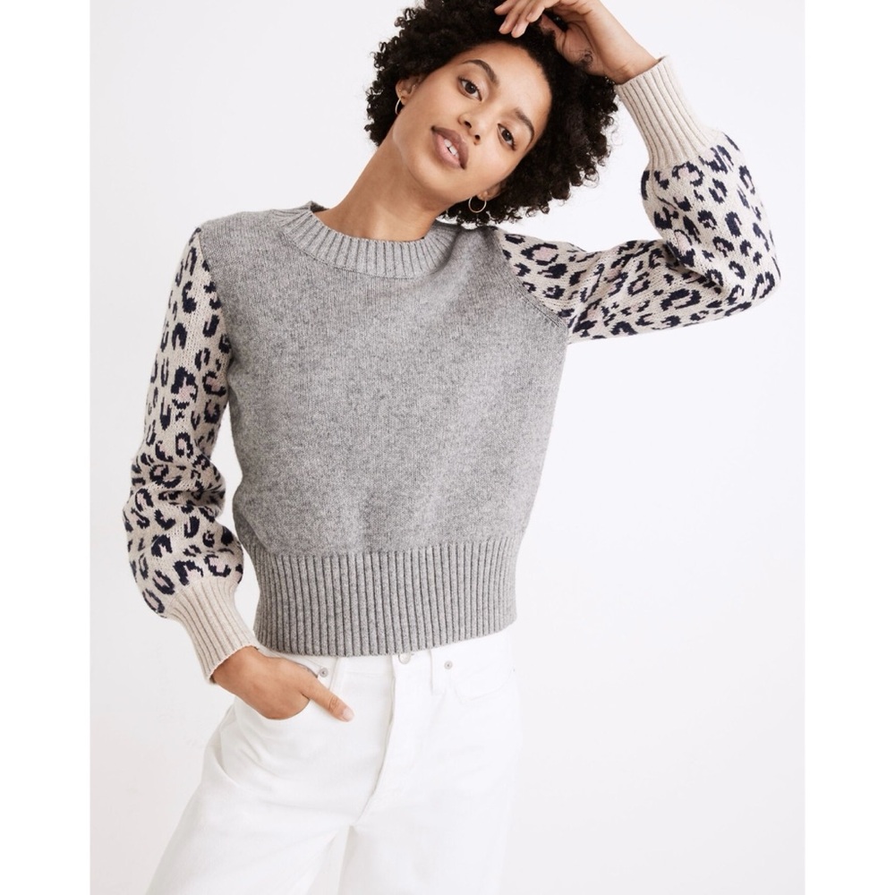 Madewell Leopard Sleeve Tensley Pullover Sweater Cotton & Merino Wool Sz S